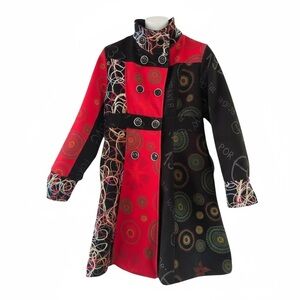 90's Multi Colour Patchwork Coat W Applique Size M US 10/12 Eclectic Artsy Retro